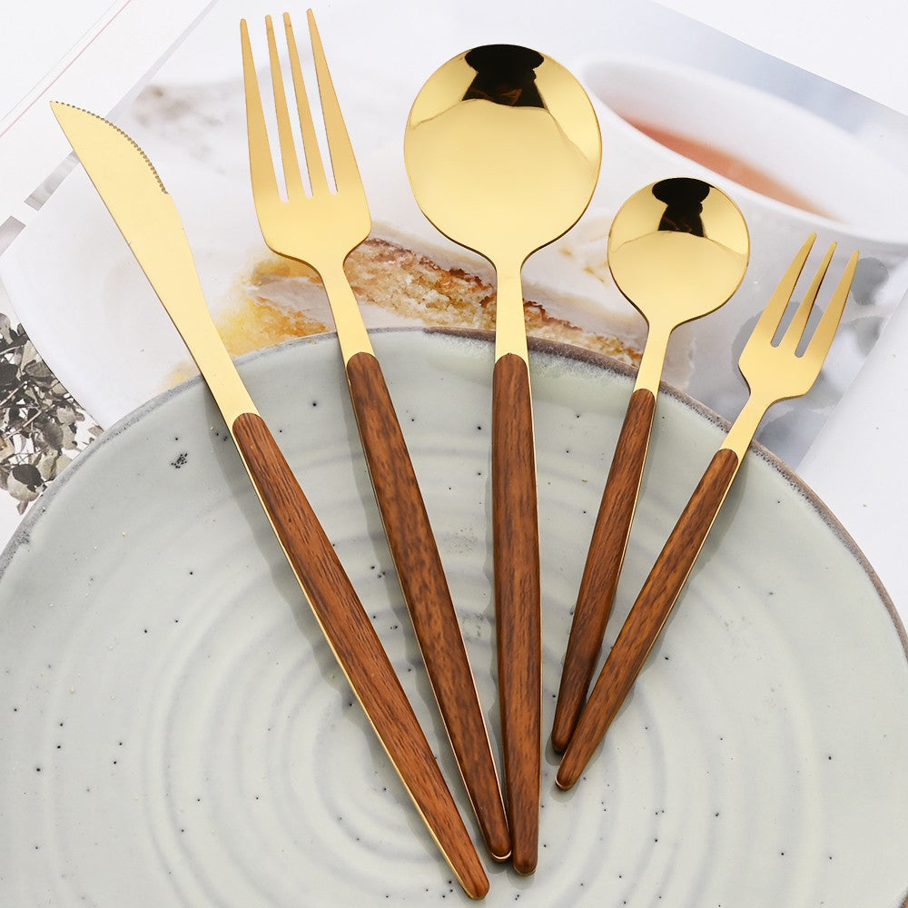 16/24/36Pcs Dinnerware Set Stainless Steel Imitation Wooden Handle Clamp Western Knife Fork Spoon Cutlery Tableware Silverware