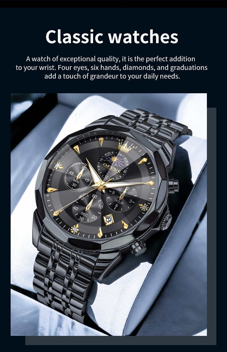 OLEVS Original Fashion Moon Phase Men's Watches Waterproof Chronograph Quartz Watch Stainless steel Calendar Brand Wristwatch