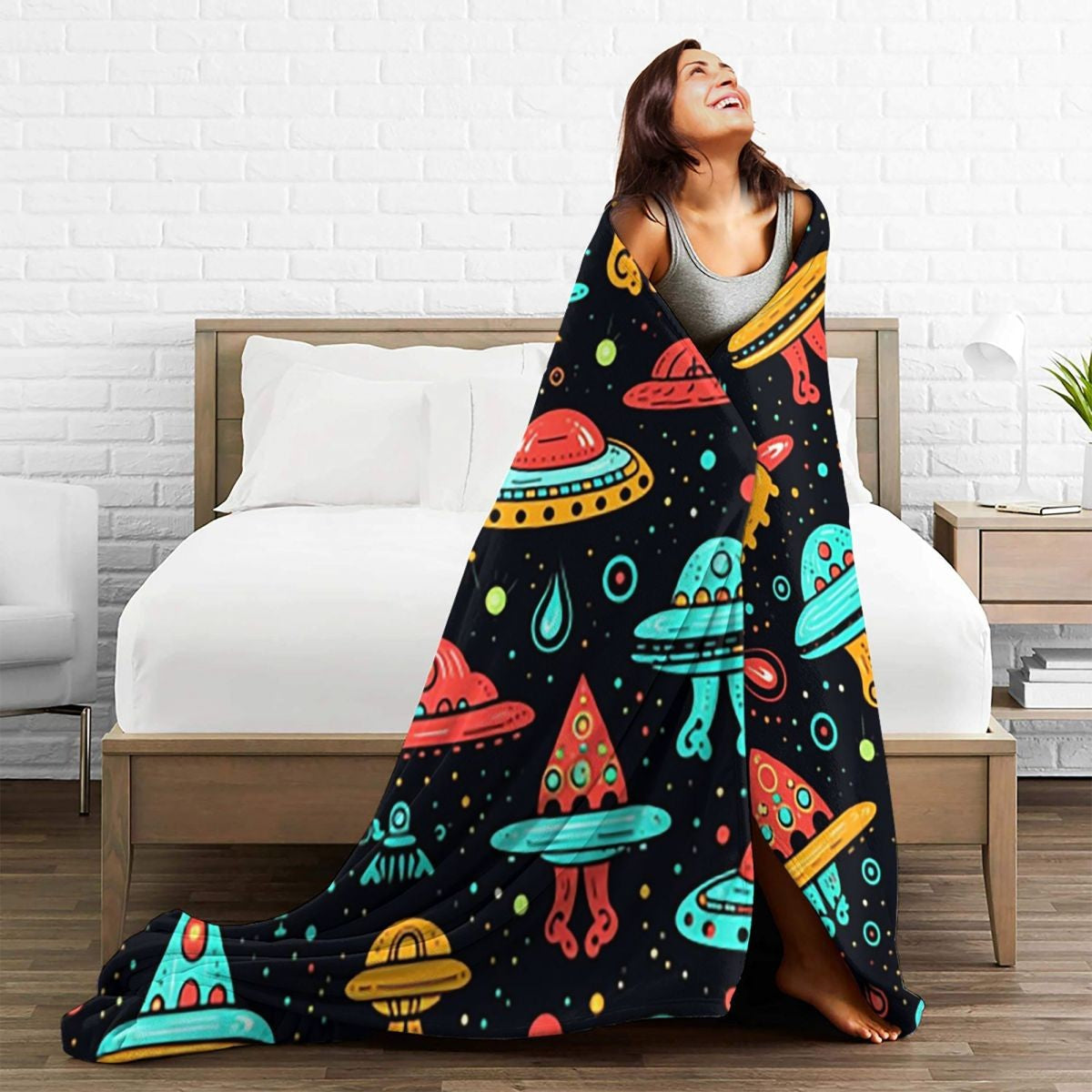 Aliens And UFOs Pattern Blanket Flannel Sofa Throw Blanket Multi-function for Home Bedroom Office Throws Bedspread Quilt