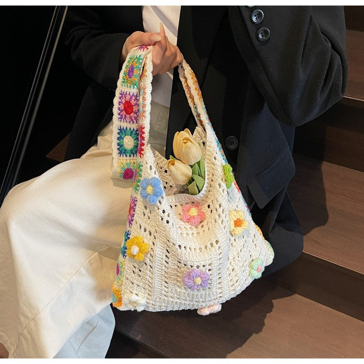Women's Boho Crochet Bag Designer Flowers Knitted Handbags Large Capacity Summer Beach Woven Shoulder Bag Girls Tote Shopper Bag