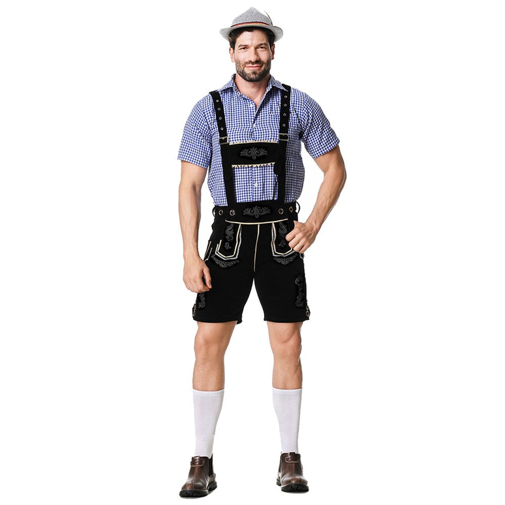 Male Oktoberfest Lederhosen Costume Bavarian Octoberfest German Beer Costume Shirt Suspender Shorts Hat Cosplay Costumes
