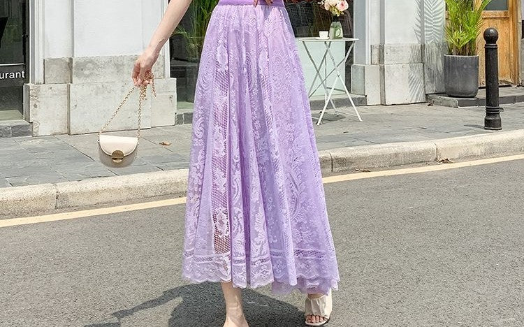 Plus Size plus Size Lace Hollow out f Skirt mid Waist Long Sle Fairy Skirt A-Line Umbrella Skirt Trendy Women's Clothing