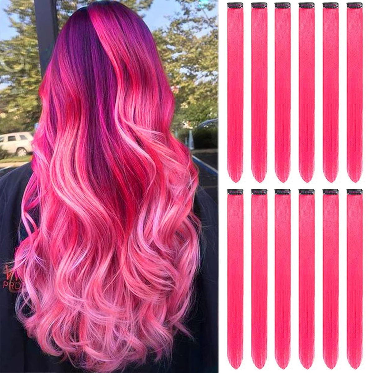 Hot Pink Hair Extensions Clip in, Colored Party Highlights Extension for Kids Girls Synthetic Hairpiece Straight 22 inch 2026
