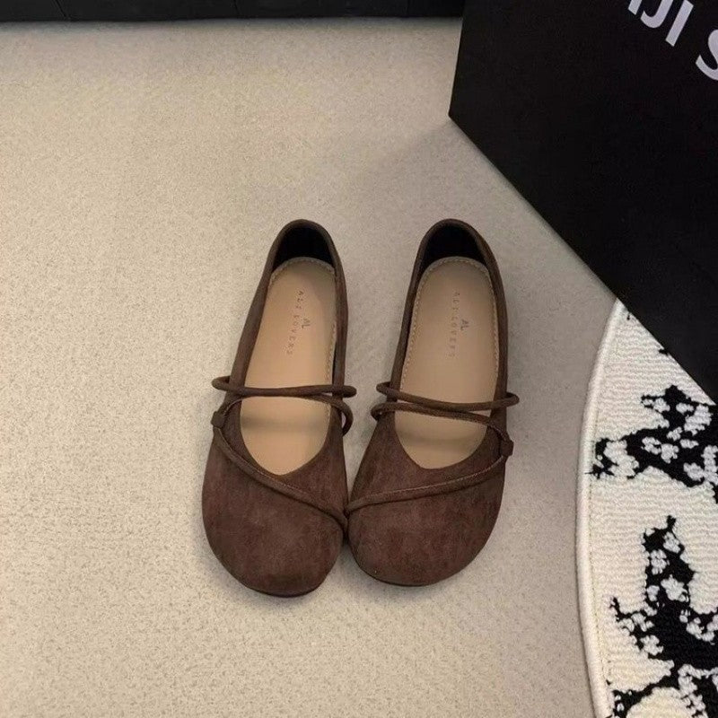 Women's Elegant Brown Mary Jane Flats French-Style Suede Loafers Spring/Autumn Collection Flat Shoes for Casual Wear