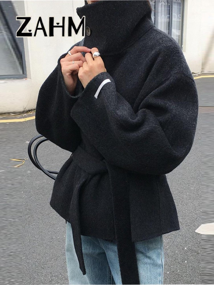 Woolen Solid Women Coat Fashion Belt Patchwork Lace Up Full Sleeve Lapel Lady Jacket 2025 Autumn Winter Female Loose Streetwear
