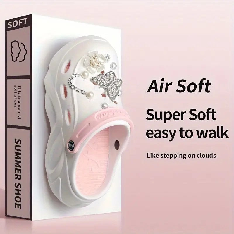 Silver Butterfly Platform Sandals for Women Summer Fashion Pearl Flower Decor Clogs Shoes Woman Thick Bottom EVA Beach Slippers