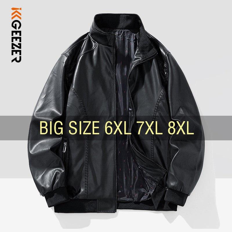 Leather Jacket Men Coats Windproof Oversized 6XL 7XL 8XL Plus Size Autumn Motorcycle Travel Fleece Black Zipper Winter Overcoat