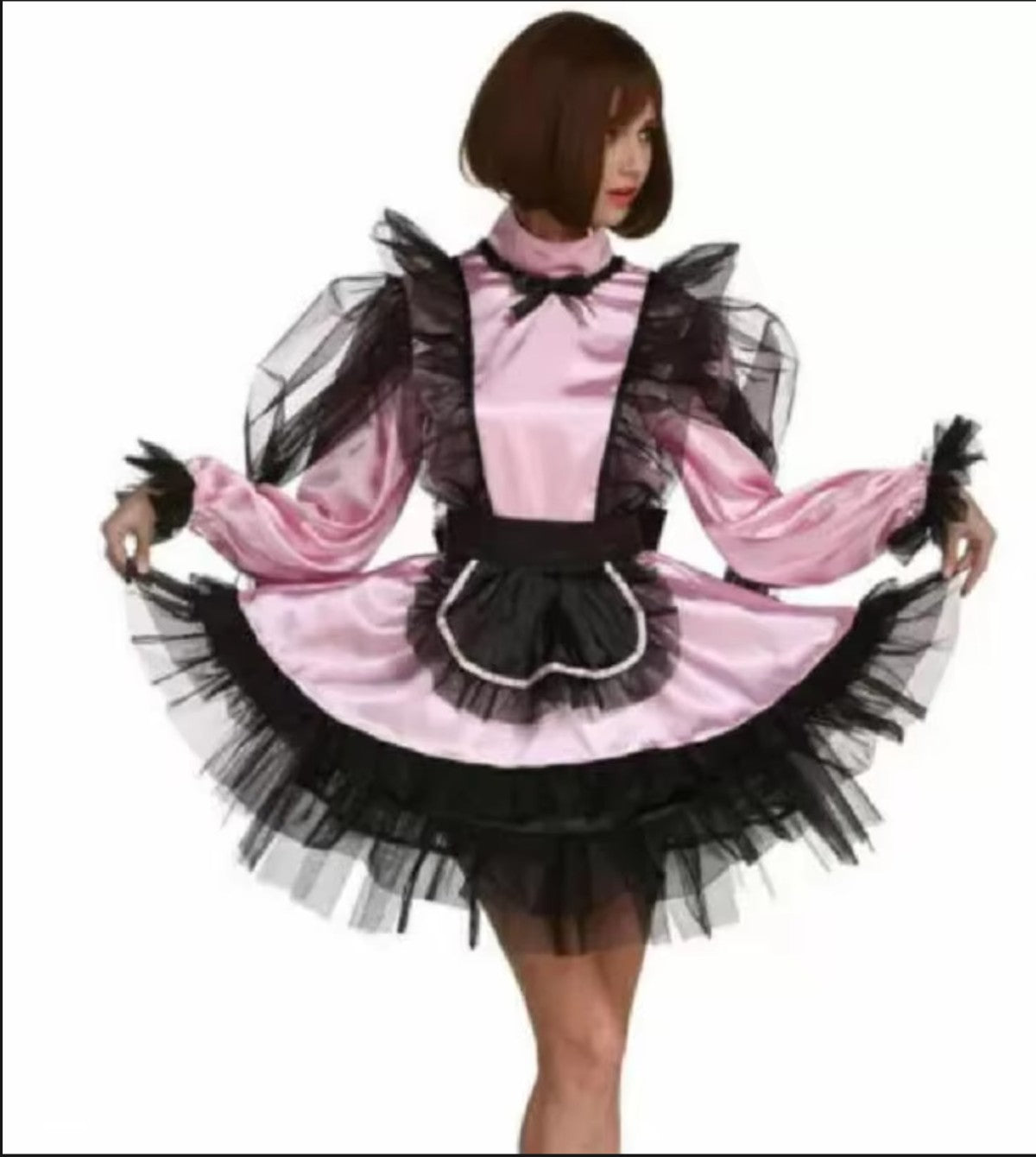 Dresser's Cross Dressing UniformSissy Girl Modeling Organza Dyed Pink Medium Neck Long Sleeved Dress Cross Mai Can Be Customiz