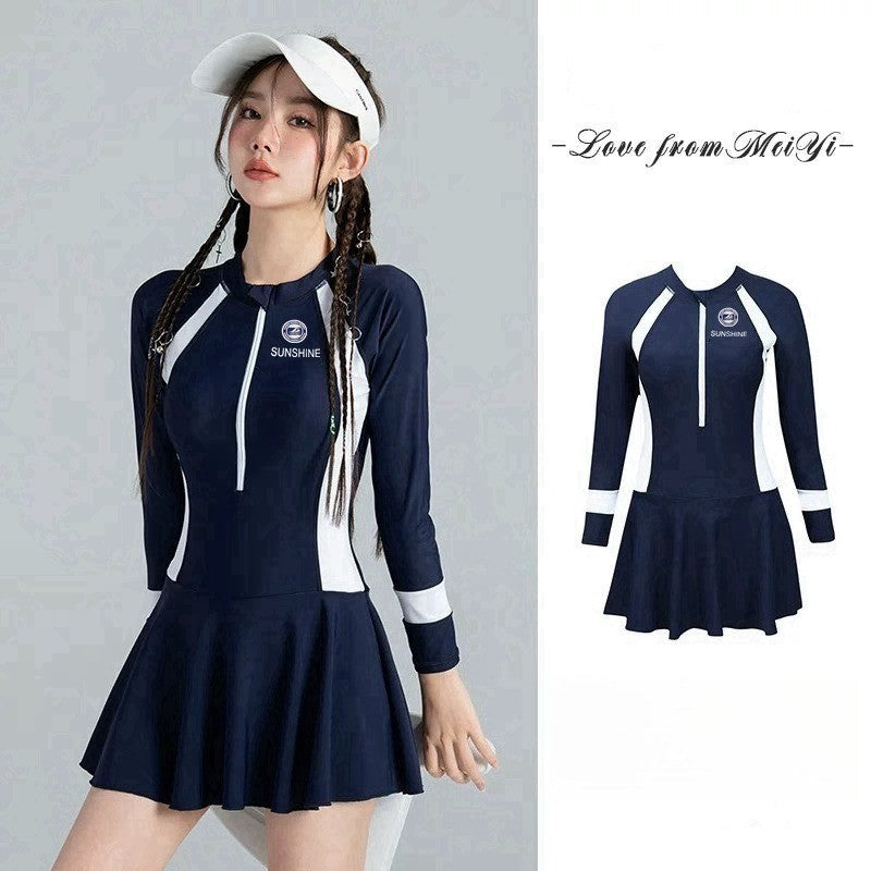 Black and White Color Matching One-piece Sports Small Chest Gathered To Cover The Belly Weight Swimming Sun Protection Swimsuit
