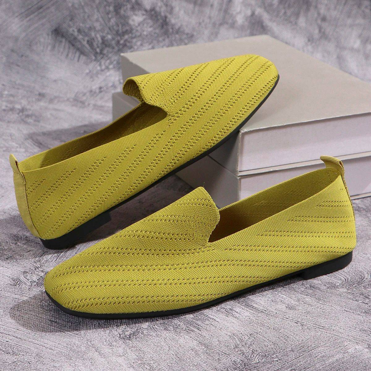 2025 Solid Color Square Toe Mesh Loafers Shallow Women Flats Shoes Soft Bottom Knit Ballet Flats Shoes Casual Slip on Shoes