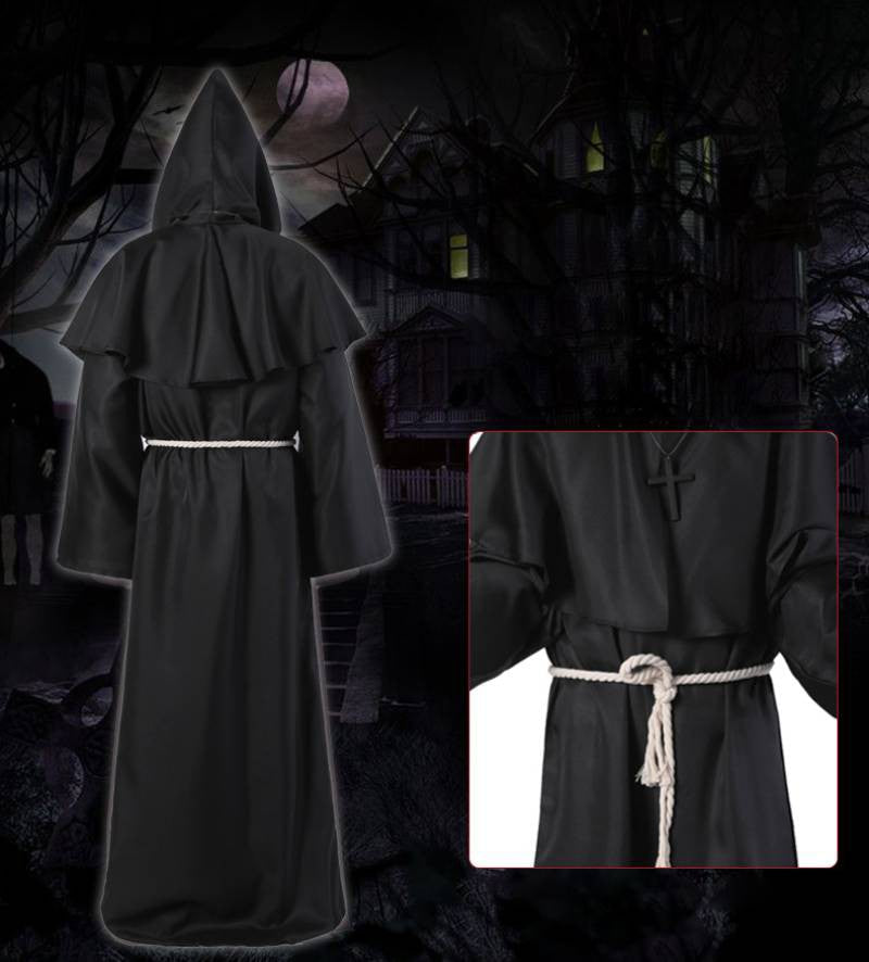 Halloween Wizard Cosplay Medieval Monk Hooded Robe Costume Mask Hat For Men Steampunk Priest Horror Masquerade Unisex Cloak Cape