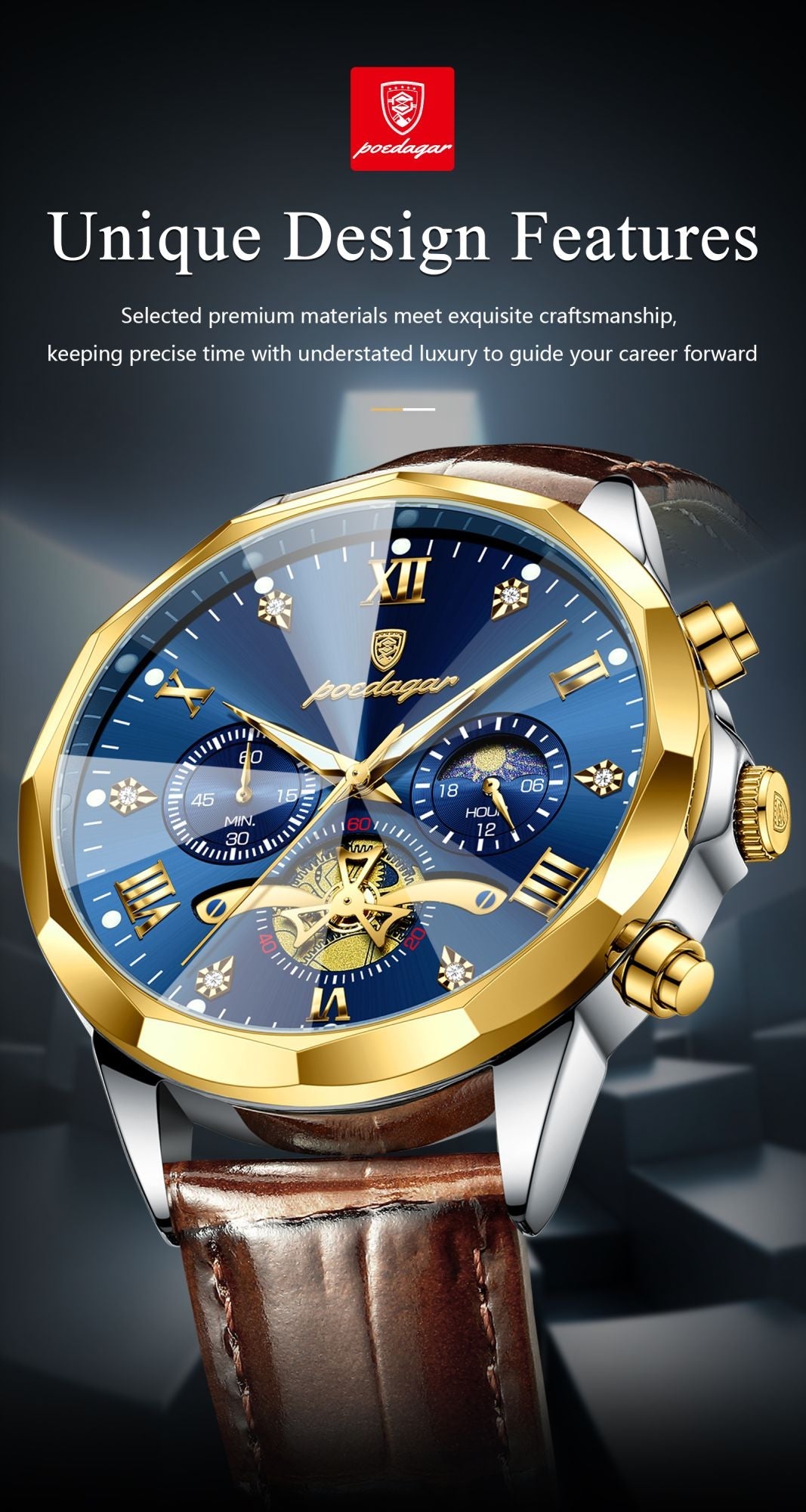 POEDAGAR Military Luxury Men Wristwatch Quartz Waterproof Luminous Chronograph Leather Man Watch Sports Men's Watches Male Reloj