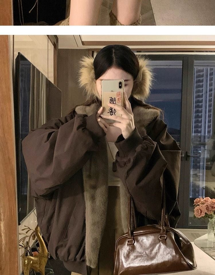 American Retro Reversible Velvet Zipper Hooded Jacket Women Winter Fashion Street Thick Loose Warm Harajuku Casual Plush Jacket