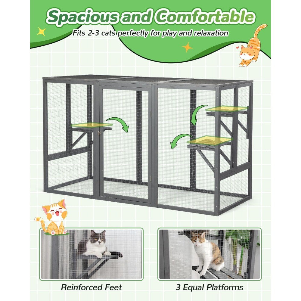 Weatherproof Outdoor Cat Enclosure, Large Wooden Catios with 3 Platforms, Patio Cat Houses for Cats, 71L Enclosed Space