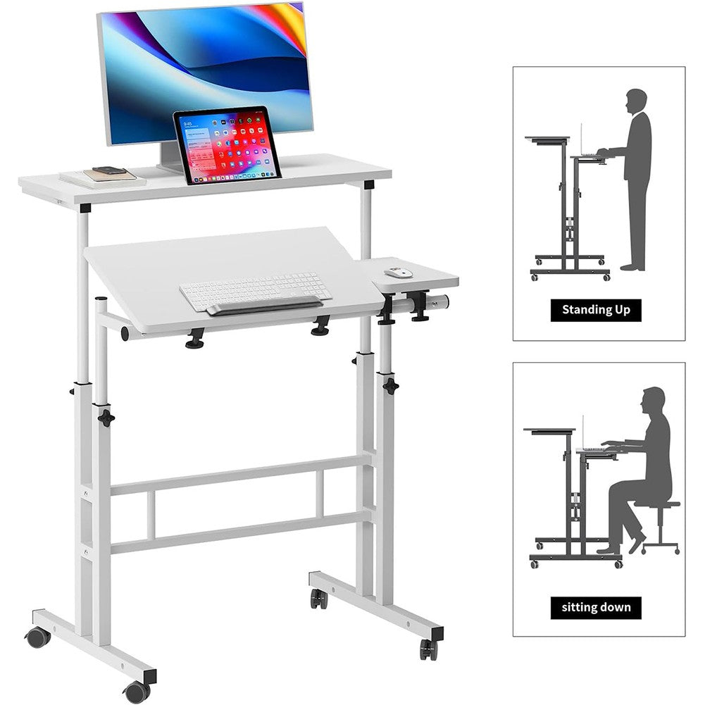 Mobile Desk With Folding Table Top, Height Adjustable Computer PC Table Workstation Laptop Stand with Rollers for Home Office