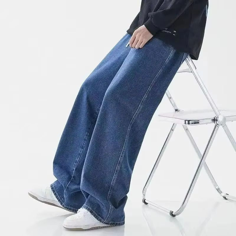 Spring Autumn New Men's Jeans Japanese Vintage Elastic Waist Casual Straight-leg Pants Trendy Wide-leg Trousers Loose Fit