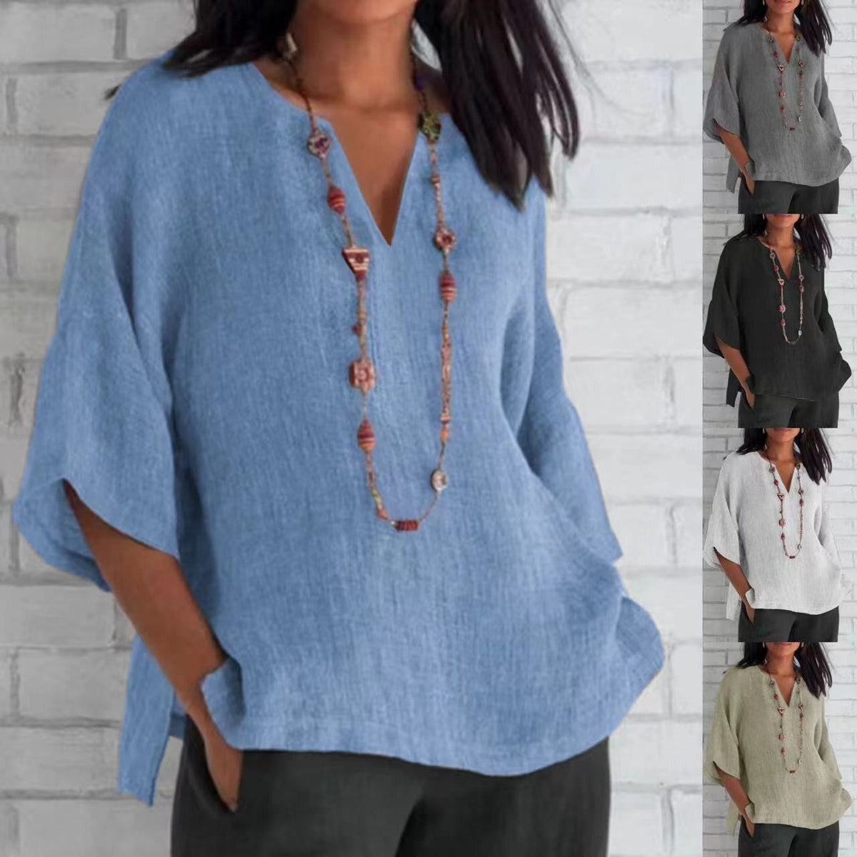 Women's Cotton Shirt 2024 Summer V-Neck Loose Casual Blouse Women Top Femme ?????? ??????? Bluzki Damskie Letnie Black Blouse