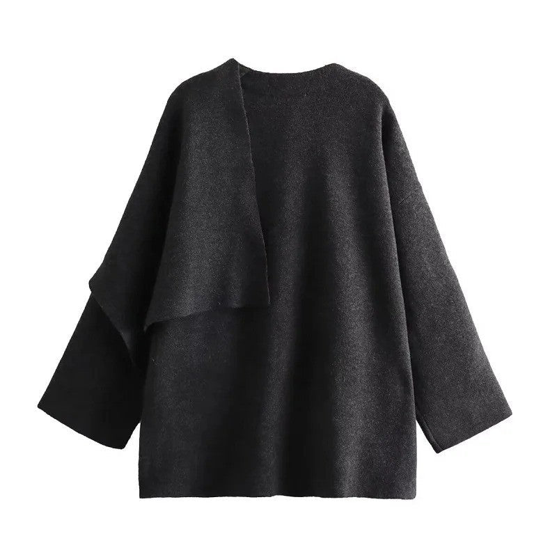Elegant Coat Women Scarf Collar Long Sleeve Button Irregular Jackets European and American Style Streetwear Casual Outerwear