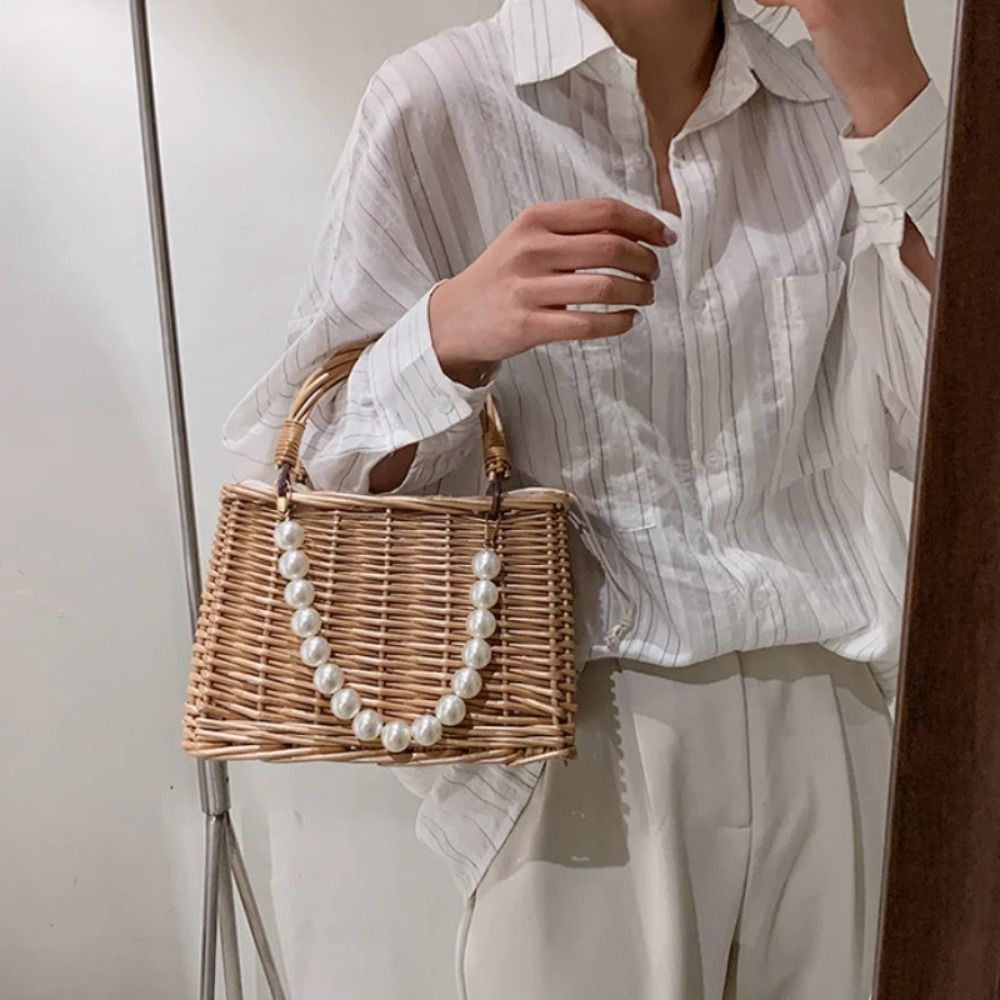 Straw Tote Hand Bags Summer Pearl Handle Handmade Knitted Handbag Storage Rattan Weaving Basket Shoulder Bag Women Girls