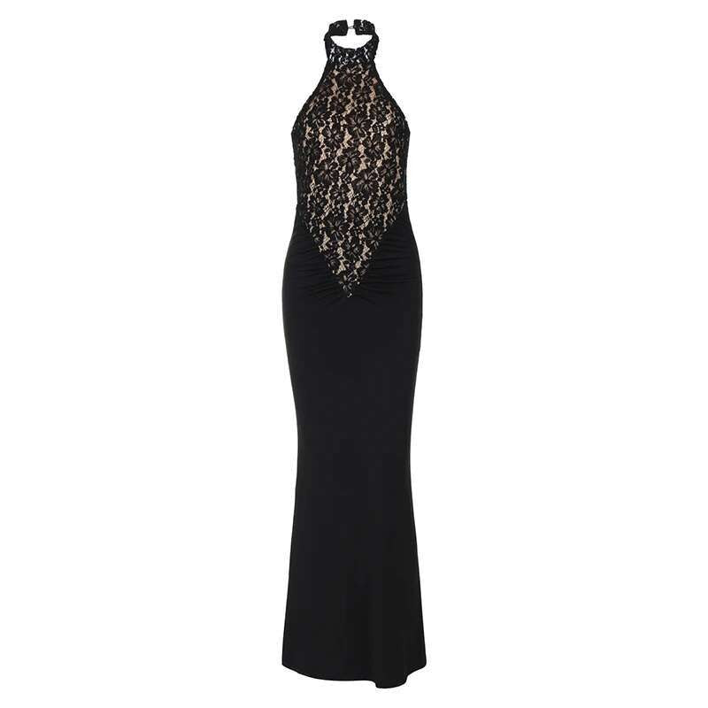 Mozision Lace Halter Backless Sexy Maxi Dress For Women Black Off-shoulder Strapless Sleeveless Bodycon Club Party Long Dress