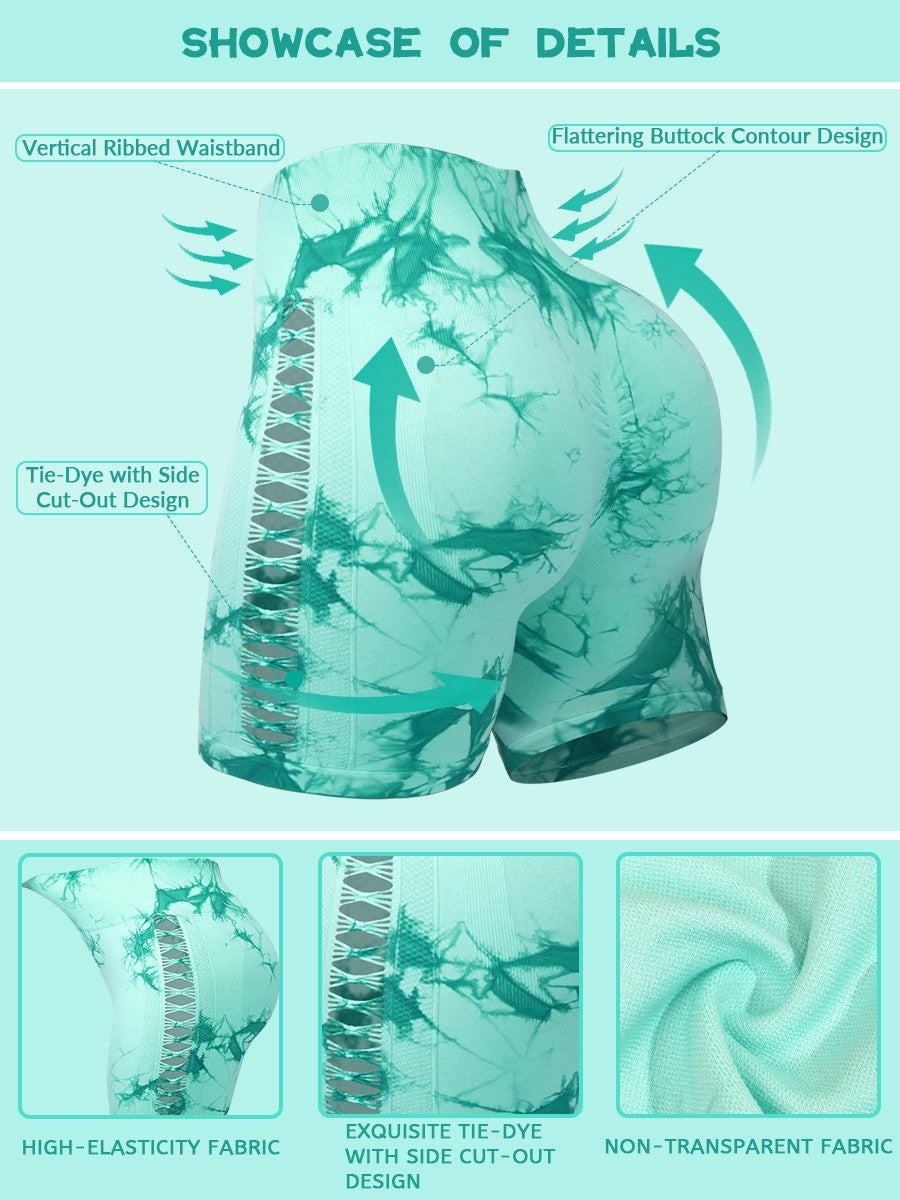 2pcs Tie Dye Mesh Yoga Pants Shorts High Waisted Hip Lifting Quick Drying Outdoor Sports Running Fitness Biker Trousers