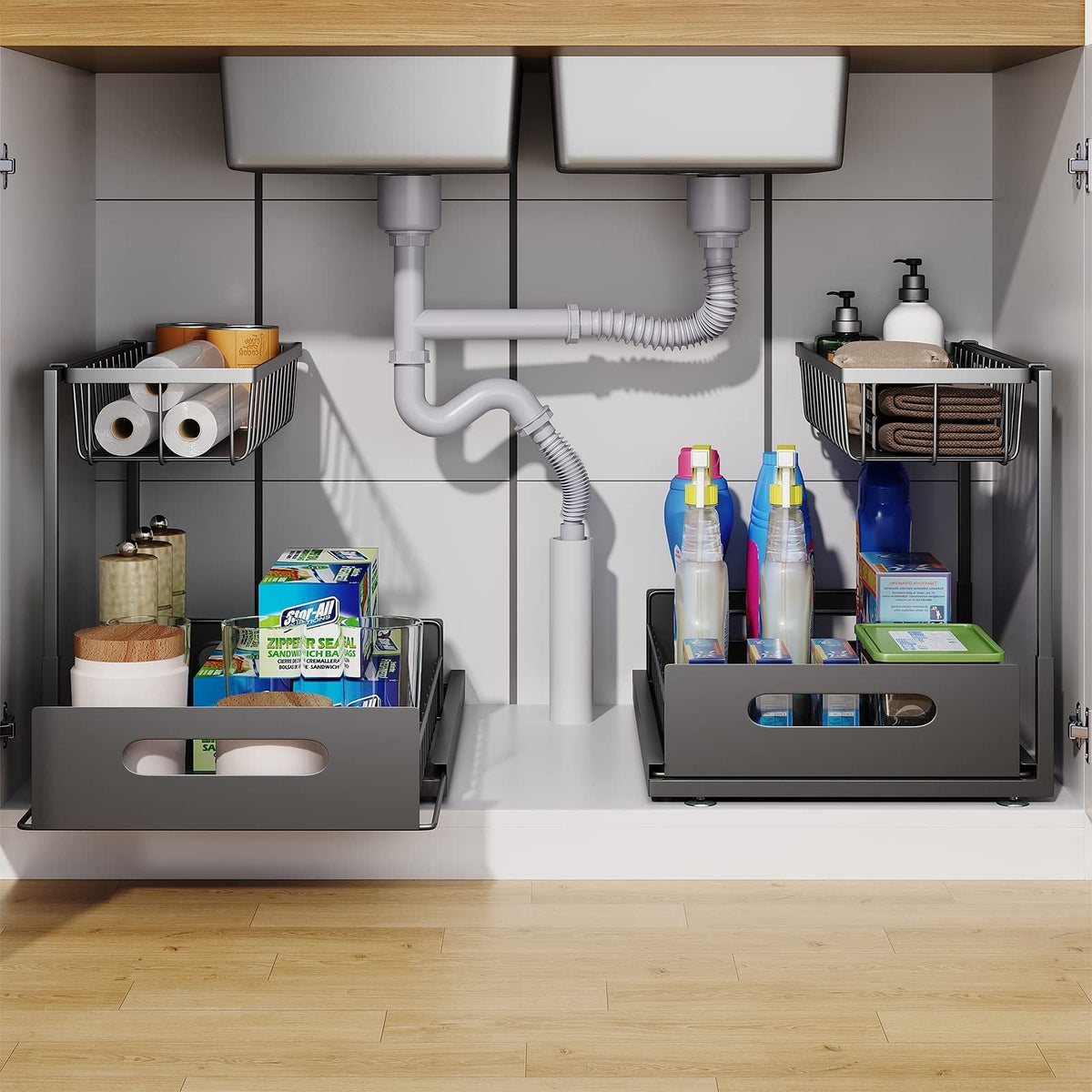 Under Sink 2 Tier Sliding Cabinet Basket Organizer Drawer Pull Out Cabinet Multi-Purpose Sink Organizer for Bathroom Kitchen