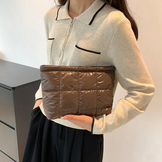 Cotton Filled Puffer Pouch Large Capacity PU Leather Puffer Padded Makeup Bag Sewn Korean Style Thick Plaid Clutch Bag Work