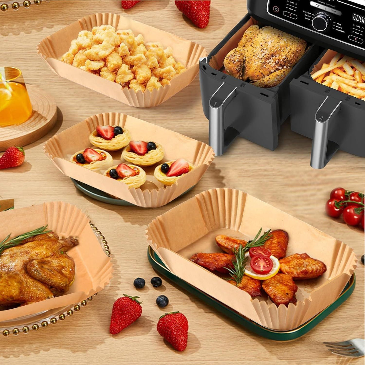 Air Fryer Paper for Dual Zone,100pz 22x14 cm,Disposable Non-stick Paper Air Fryer for Cecotec/Masterpro/Ninja AF300EU/AF400EU