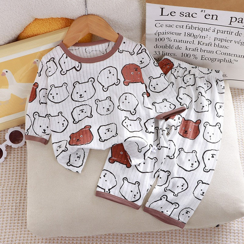 Children's Pure Cotton Home Clothes Set Boys Girls Seven-quarter Sleeve Pajamas Thin Breathable Air-conditioned Clothes
