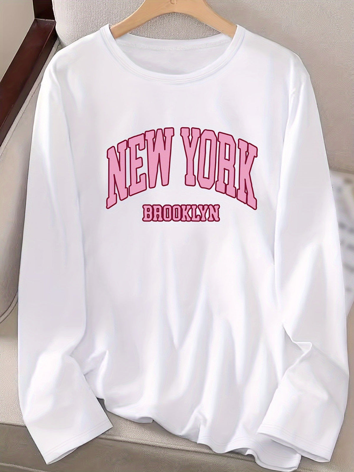Women's autumn and winter 100% pure cotton fashionable casual Brooklyn New York printed loose round neck long sleeved T-shirt