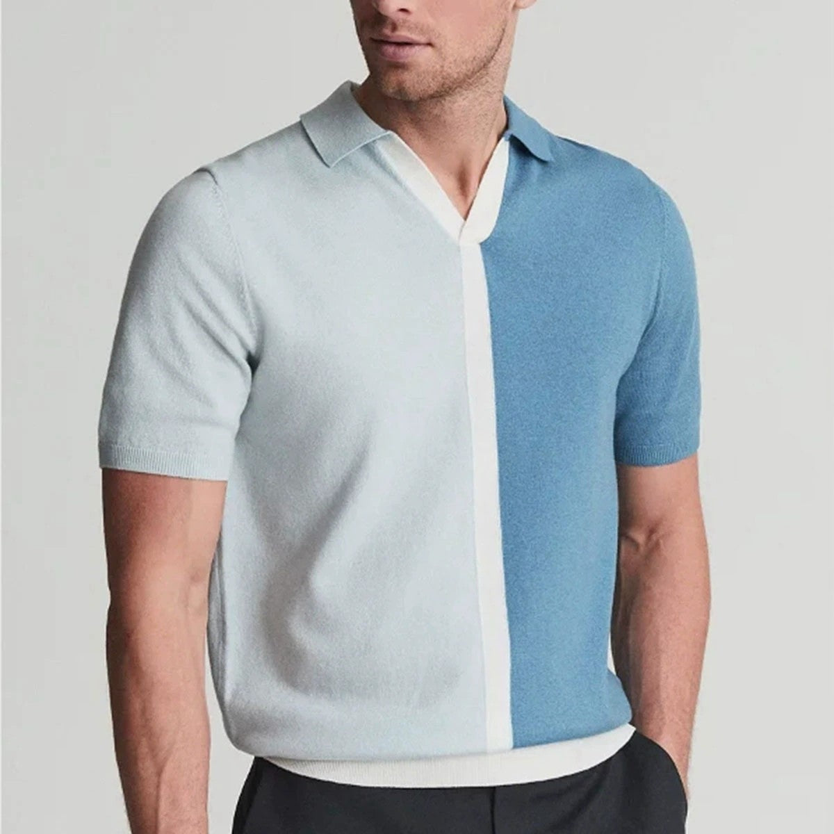 Men's ribbed knitted lapel contrasting shirt, breathable striped pullover casual wear, comfortable and high-quality men's shirt