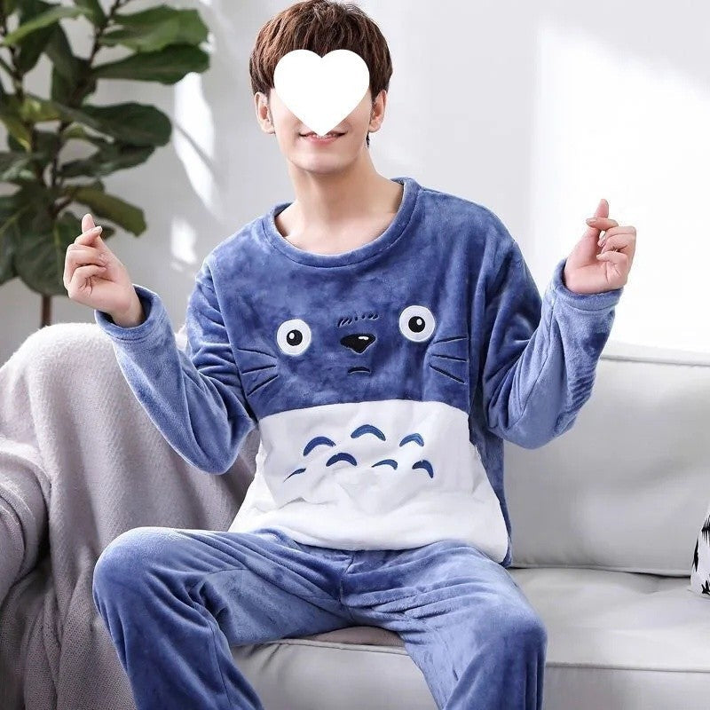 Thickened Flannel Sleepwear Set for Men Winter Home Clothes Coral Fleece Lined Autumn Winter Style Overhead Mens Nightgown