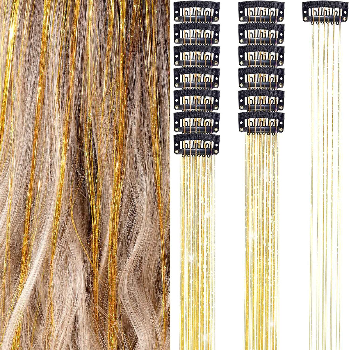 6Pcs 50cm Sparking Shiny Hair Tinsel Hair Extensions Tinsel Synthetic Hair Clip Extensions Women for Braiding Headdress