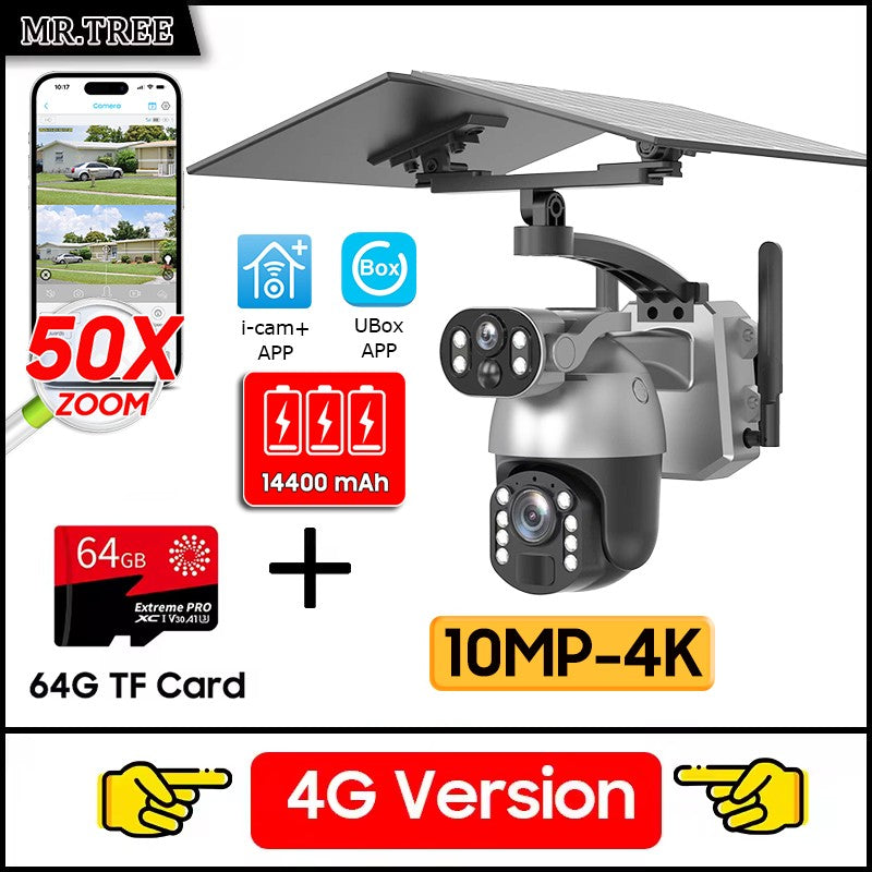 50XZOOM Solar Camera 4G SIM/WiFi Dual Lens Outdoor Security Camera with Night Vision,Waterproof Wireless Surveillance for Garden