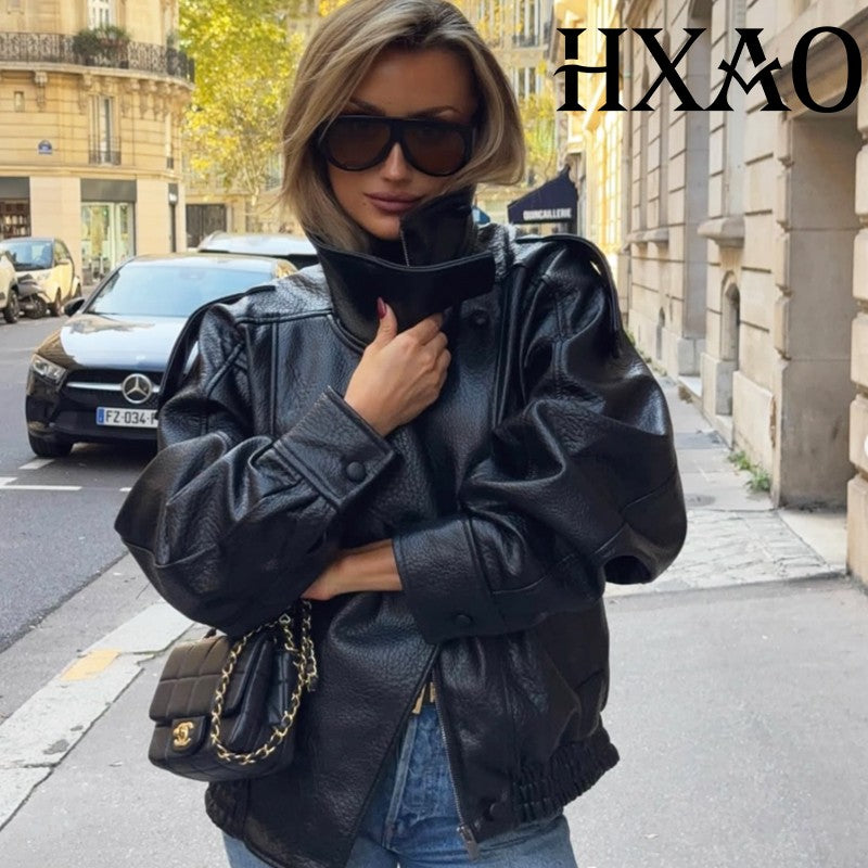 HXAO Faux Leather Jacket Coat Demi-Season Black Bomber Jacket Outerwears Long Sleeve Snap Button Cropped Motorcycle Jacket