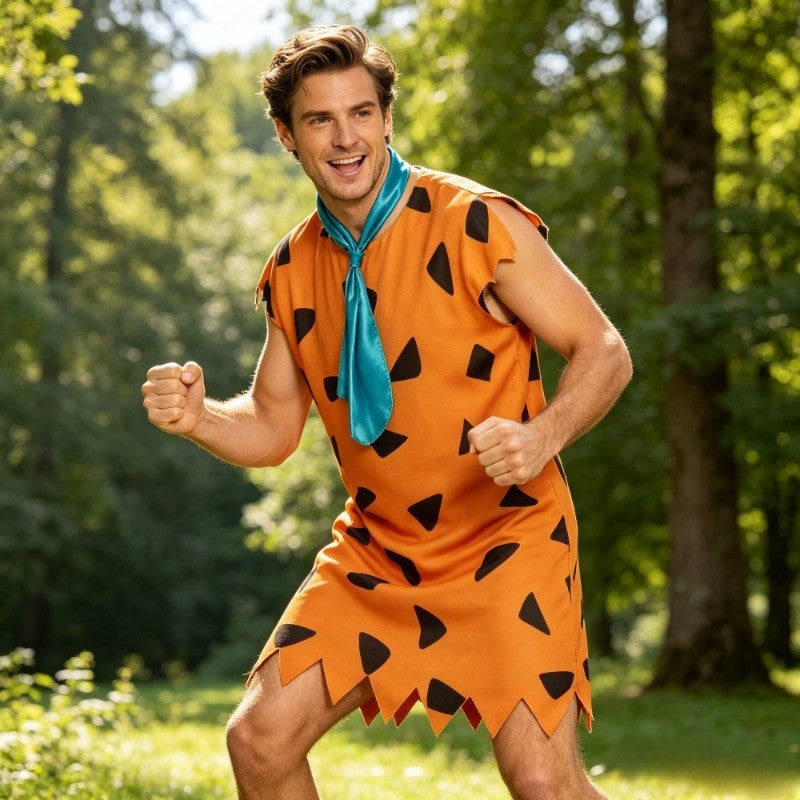 unisex Caveman Cosplay Costume Orange dress With Blue Tie Stone Age Outfit For Theme Party Masquerade Carnival Halloween Cosplay