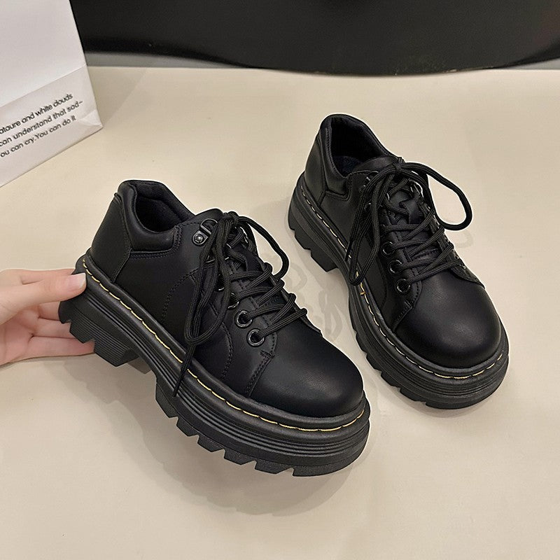 Womens Derby Shoes Autumn British Style Female Footwear Loafers With Fur Round Toe Clogs Platform Casual Sneaker Leather Fall Pr