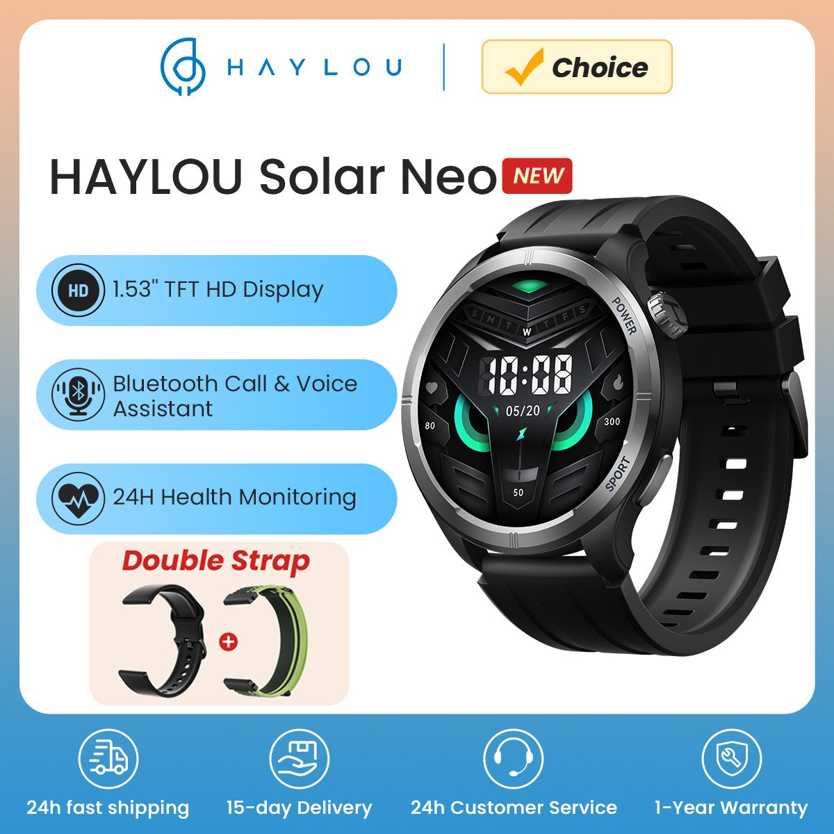 HAYLOU Solar Neo Smart Watch 1.53'' HD Display 24H Health Monitoring Bluetooth Call Smartwatch Men Women Smart Sport Watchs