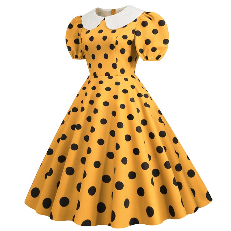 Elegant Women Summer Dress Puff Short Sleeve Polka Dot Peter pan Collar Vintage A-line Midi Long Party Sundress