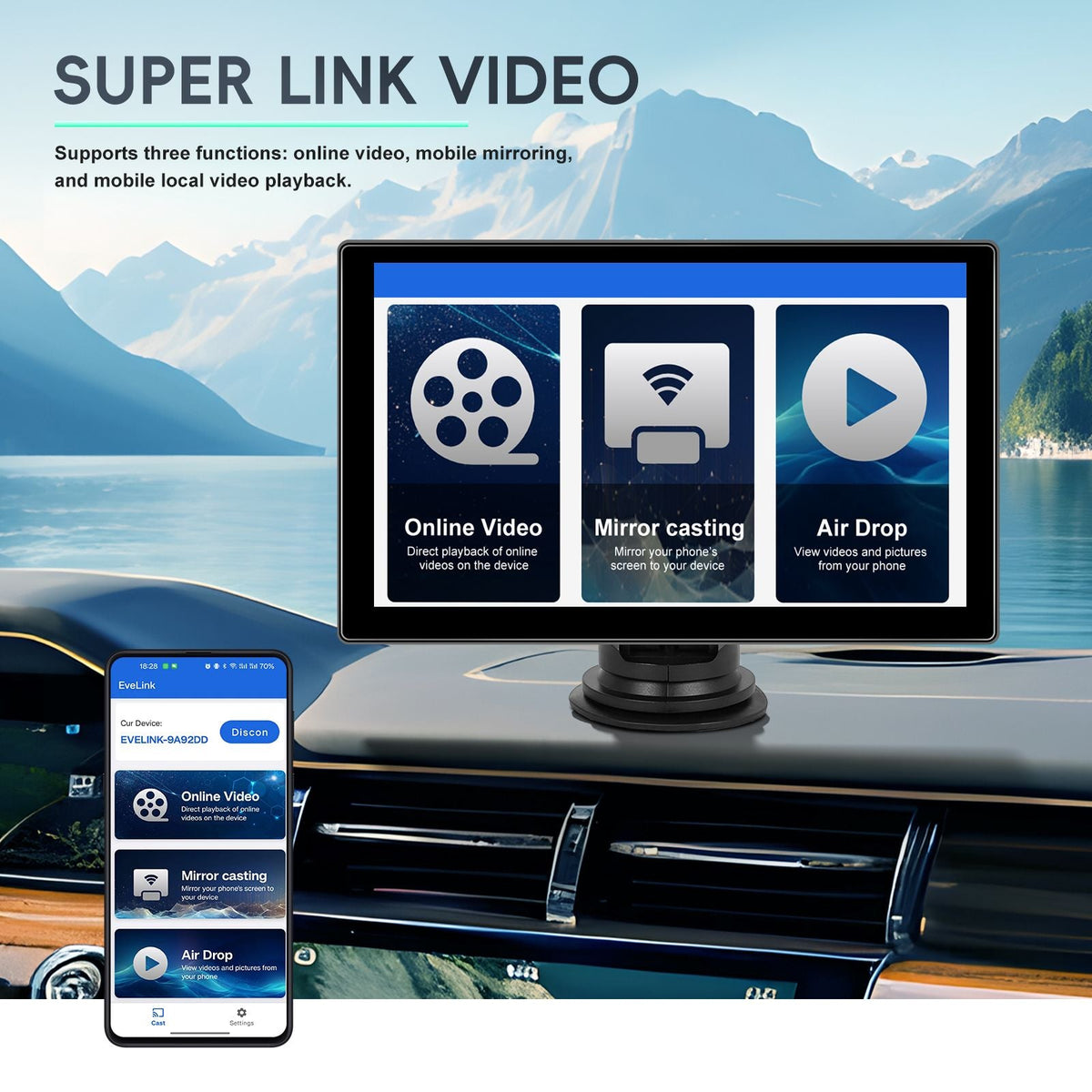 Portable 9" Car Mirror Radio Multimedia Video Player Universal Wireless CarPlay Android Auto Screen Bluetooth AUX TF GPS DVR
