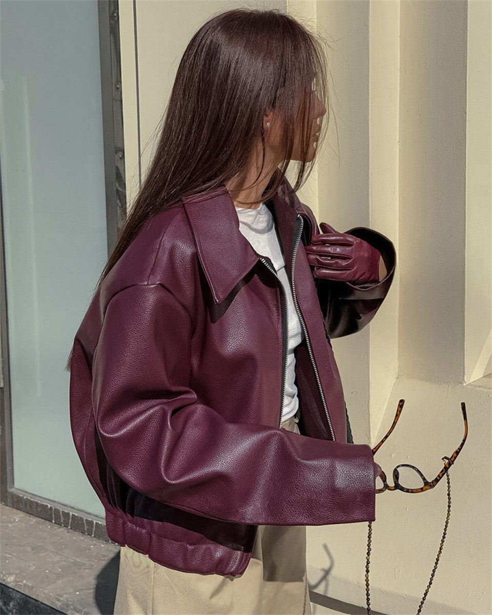 Women Vintage Wine Red Faux Leather Jakcet Fashion Outerwear Zipper Lapel Pu Coats Autumn Winter Streetwear Ladies Short Tops