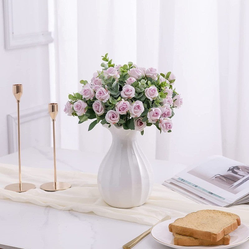 10 Heads pink Artificial Silk Rose Flowers Fake White Eucalyptus Peony Flower Bouquet, for Home Wedding Party Garden Decoration