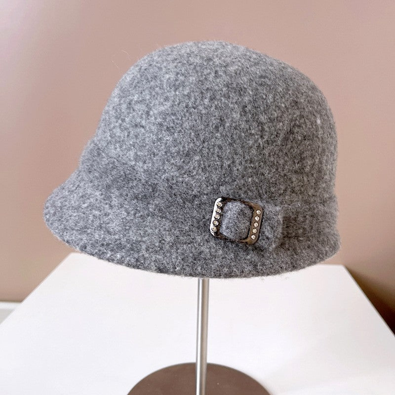 Japanese Wool Hat Women's Autumn and Winter Warm Knitted Hat Diamond Buckle Ribbon Fisherman Hat Front and Back Small Basin Hat