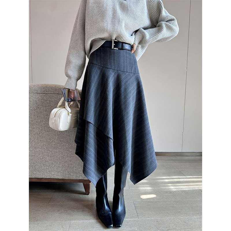 Women Clothing Autumn Winter Fashion Korean Striped A-line Skirt High Waist Female Versatile Appear Thin Irregular Soft Skirt
