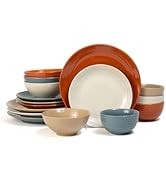 Siterra Santorini 16-Piece White Stoneware Dinnerware Set - Service for 4, Plate & Bowl Set, Rustic White with Reactive Blue Gla