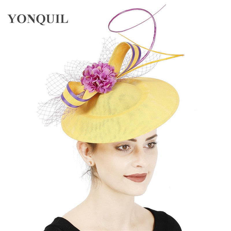 New Design Yellow With Purple Hair Fascinator Hat Headband Bridal Wedding Party Headpiece Mesh Ladies Occasion Hair Accessories