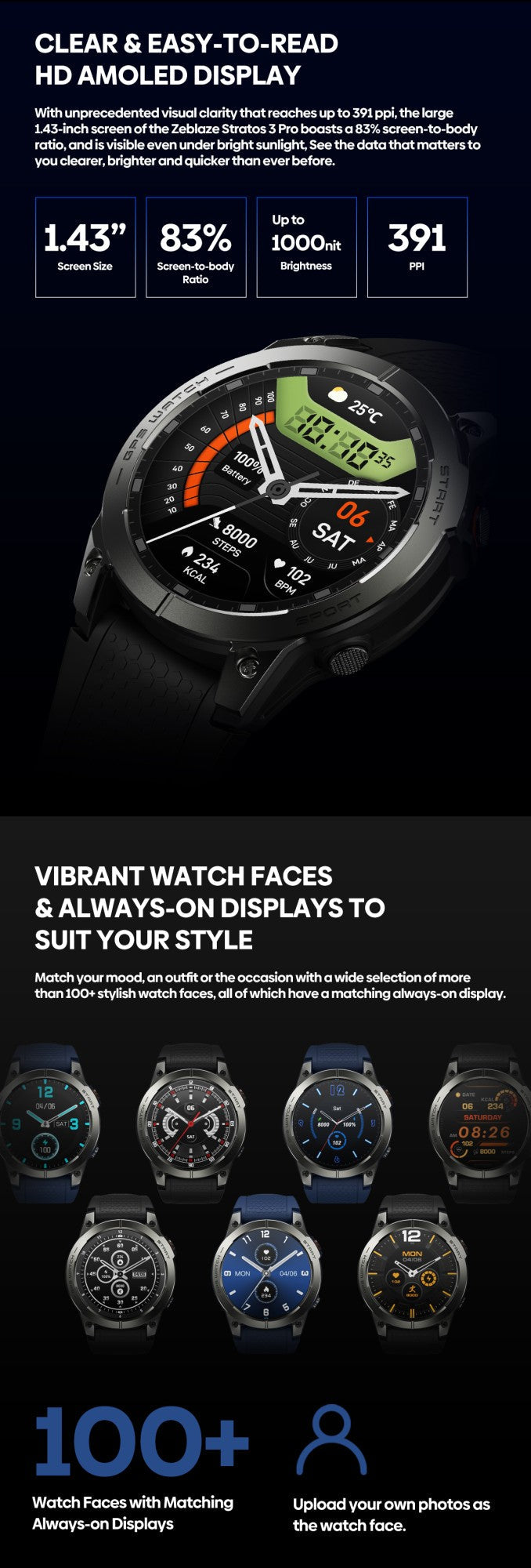 New Zeblaze Stratos 3 PRO GPS Smart Watch 1.43” HD AMOLED Display Built-in GPS Bluetooth Phone Calls Sports Smartwatch for Men