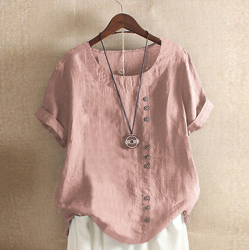 New Summer Women's Plus Size Shirt O-neck Cotton and Linen Loose Casual Ethnic Style Elegant Casual White Pink Top for Women