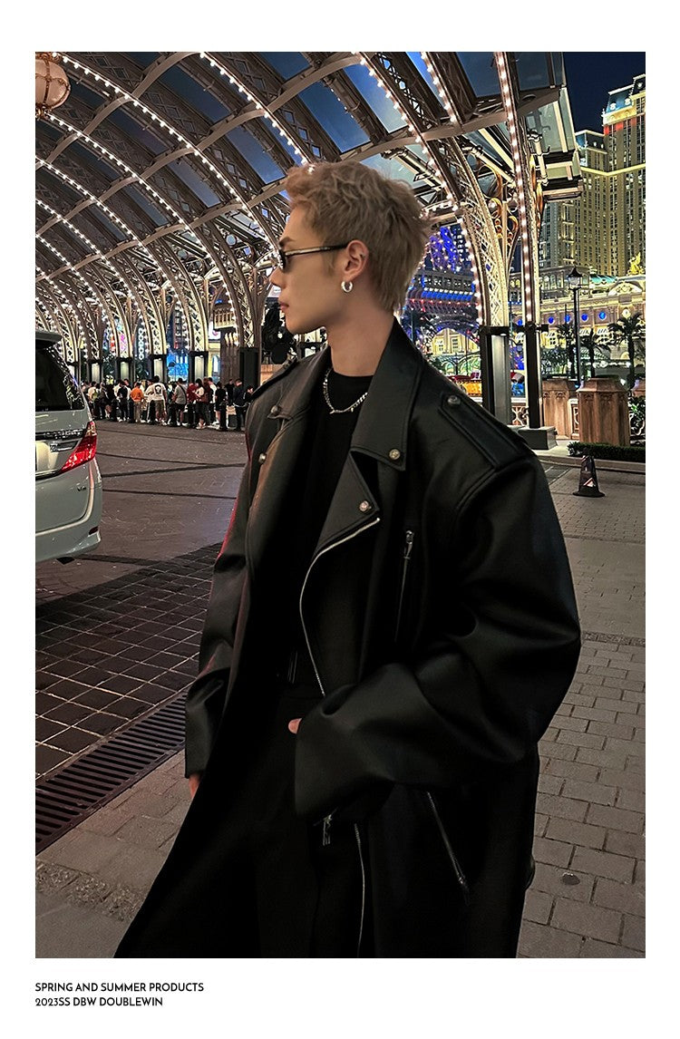 Mauroicardi Spring Autumn Oversized Cool Extra Long Black Pu Leather Trench Coat Men Zipper Loose Luxury European Fashion 2023