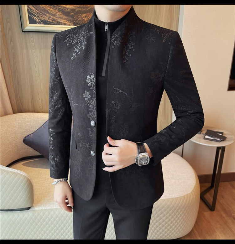 Men's New Chinese Stand Collar Blazer Jacket 2025 Fashion Elegant Printed Slim Fit Business Suits Jacket Tailcoat Men Clothing